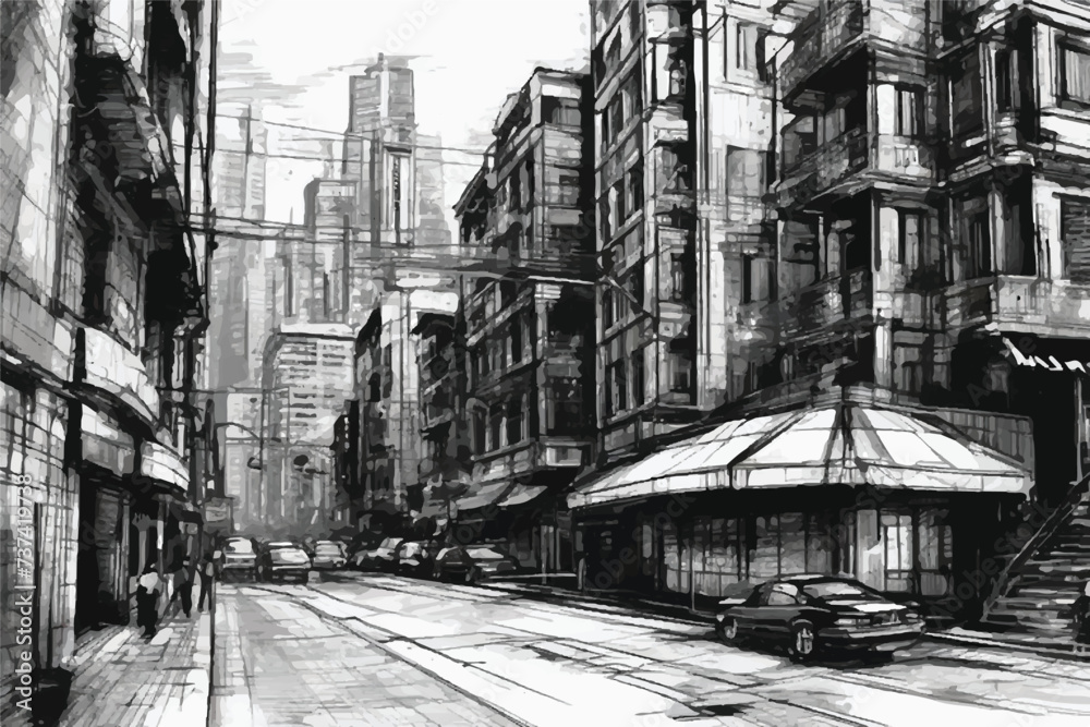 Sketch urban city illustration with cars in the foreground. A view of a city with buildings, cars and Streets. Scene street illustration. Illustration with architecture, Buildings and roads.          