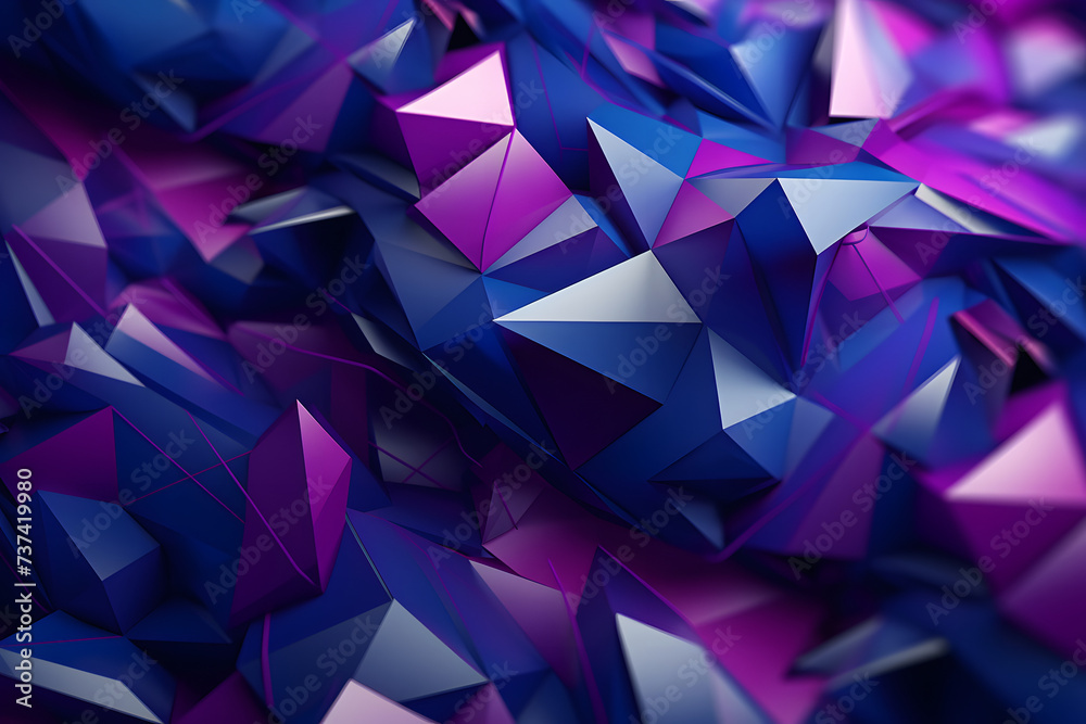 Embrace the abstract beauty of this 3D-rendered design featuring vibrant purple and blue geometric patterns. Ideal for adding Generative AI,