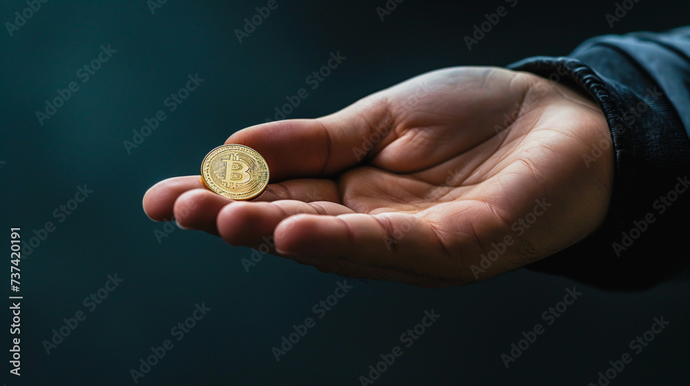 Digital Currency Grasp: Close-Up of a Hand Holding a Bitcoin Coin, Emphasizing the Tangibility and Relevance of Cryptocurrency in Modern Finance