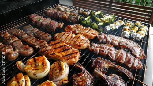 Grilling meat and vegetables on a BBQ captures the essence of outdoor cooking in tantalizing close-up detail, evoking summertime indulgence