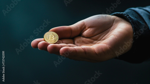 Digital Currency Grasp: Close-Up of a Hand Holding a Bitcoin Coin, Emphasizing the Tangibility and Relevance of Cryptocurrency in Modern Finance