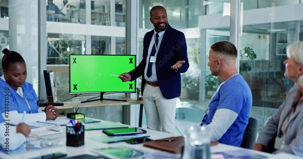 Man, speaker and green screen with nurses for presentation, meeting or collaboration at hospital. Male person or coach talking to medical employees or team for staff training on chromakey display