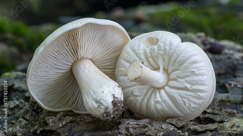 Two white mushrooms with detailed gills, isolated on a bright background.