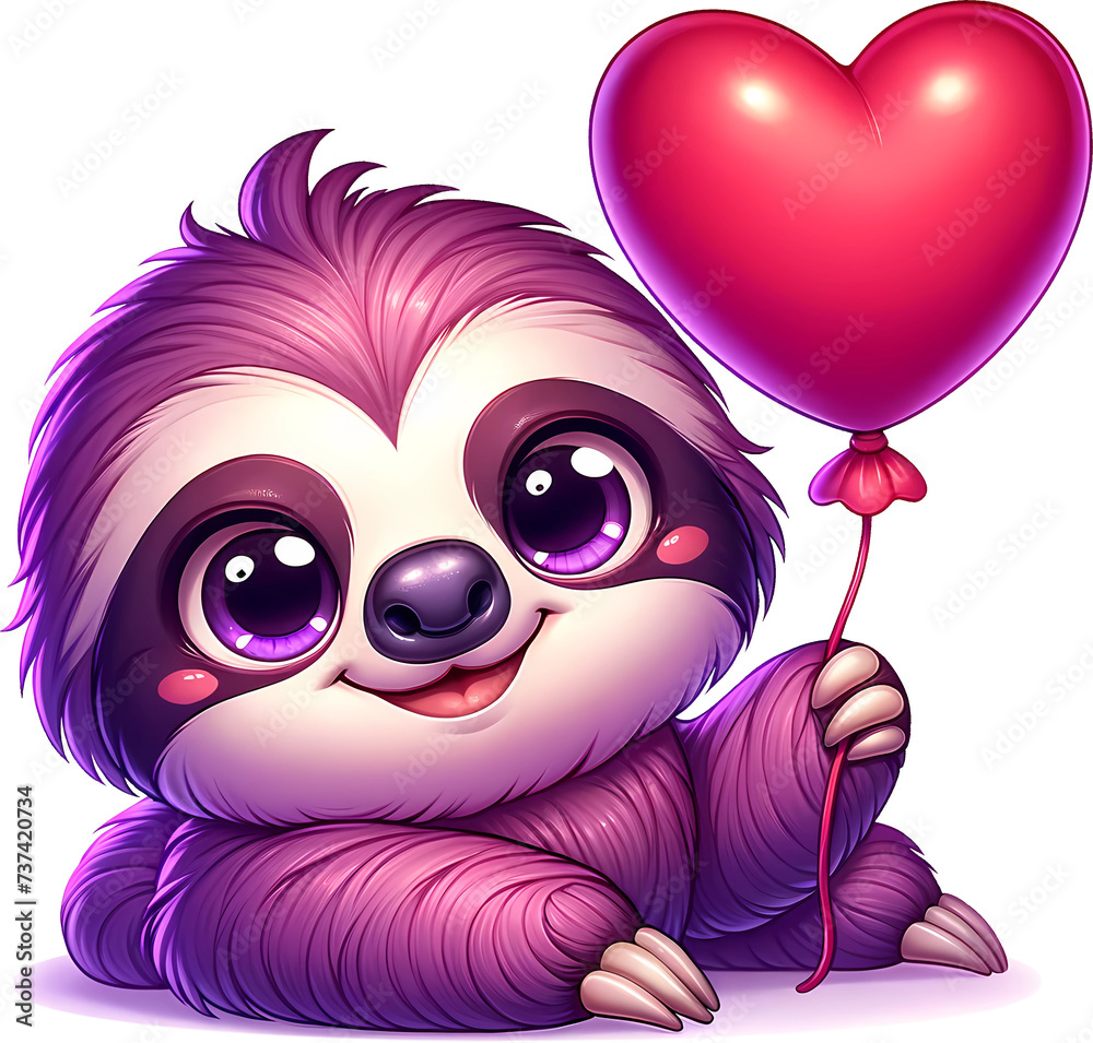 Cute Sloth with Heart Balloon Illustration. Digital art depicting an adorable sloth with large loving eyes, holding a heart-shaped balloon, evoking warmth and affection with isolated background