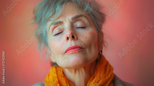Retrato de cerca de una mujer mayor, guapa, de ojos azules, sobre fondo rosa claro.