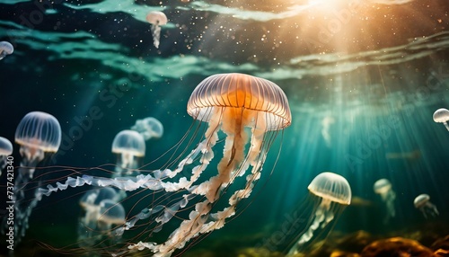 Jellyfish floats in dark sea water. Underwater life. Clean ocean. © hardvicore