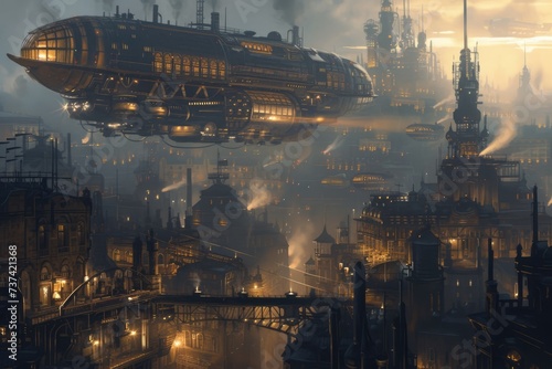 A fleet of steampunk airships hovers above a Victorian-inspired cityscape, enveloped in a golden mist at dawn. Resplendent. © Summit Art Creations