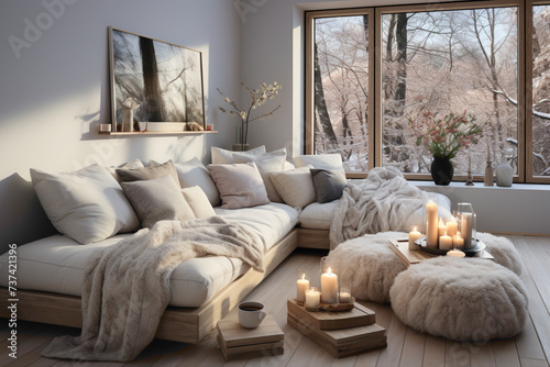 Visualize the embodiment of hygge in a modern living room with Scandinavian design.