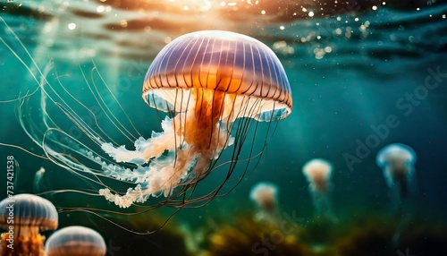Jellyfish floats in dark sea water. Underwater life. Clean ocean.