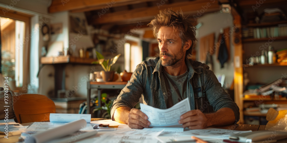a builder sitting in his modern dining room with house plans and documents scattered everywhere,generative ai