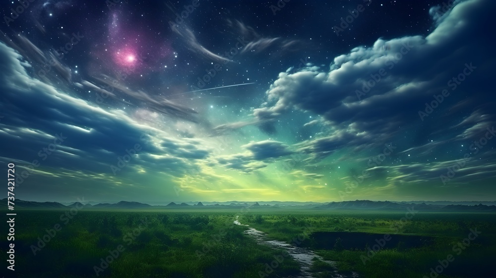 Cosmic Sky with Clouds and Greenery Background, Hand Edited Generative AI