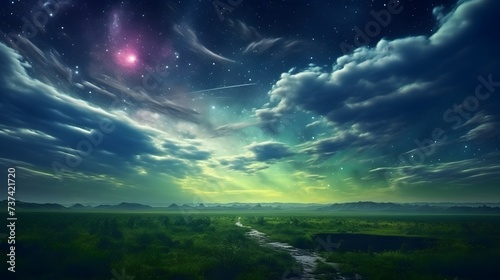 Cosmic Sky with Clouds and Greenery Background, Hand Edited Generative AI