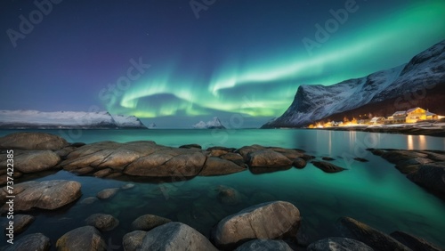 Scenic landscape of aurora over rocky seashore in Norway. generative, ai. © Oleksii