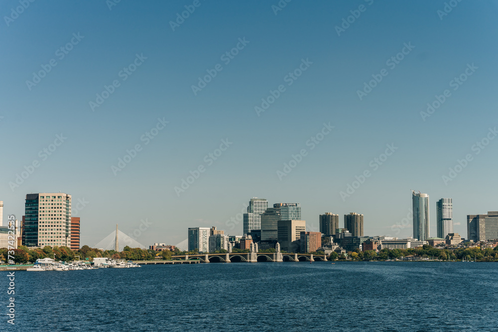 Naklejka premium Boston cityscape, view from harbor on downtown, USA - sep 2th 2023