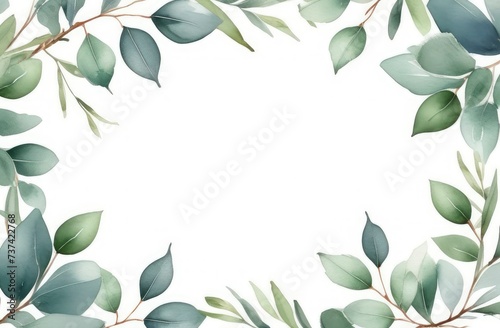 Watercolor border frame with eucalyptus twigs isolated on white background. photo
