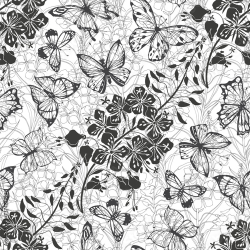 Flowers and butterflies. Nature art background.  Vector seamless pattern. Perfect for design templates  wallpaper  wrapping  fabric and textile  print.