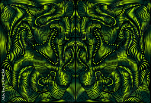 Bright psychedelic symmetrical trippy fractal mandala, gradient green lime color background. 3D effect. Stylish card.