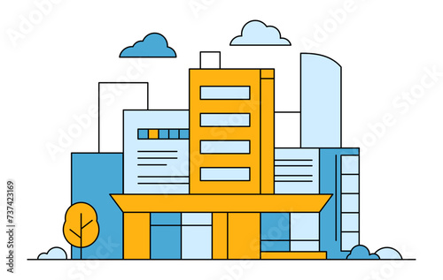 Data center building. Line vector minimalistic illustration in yellow and blue colors on a white background