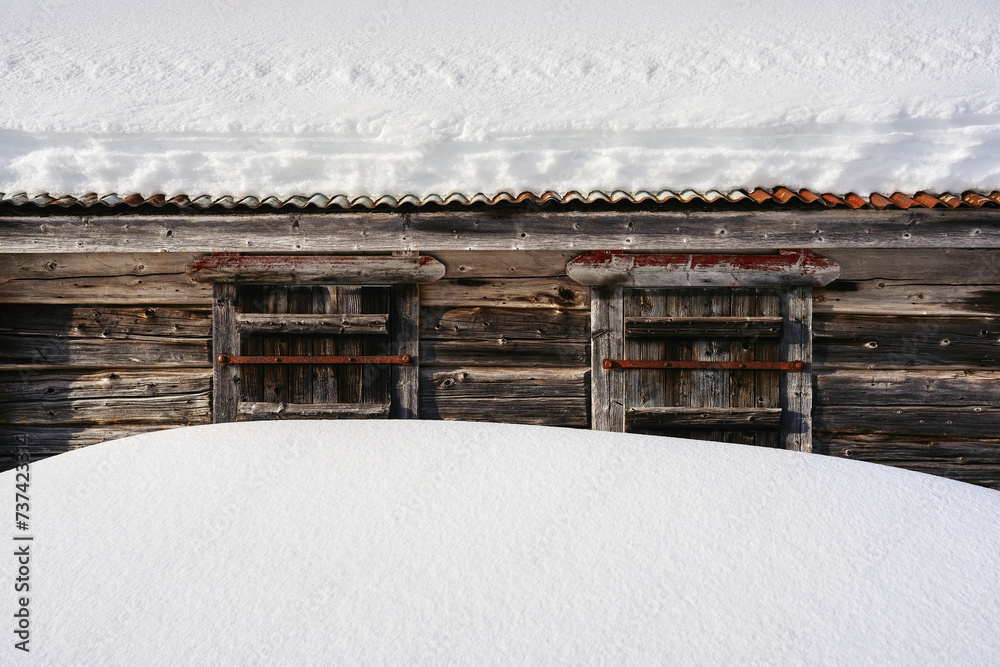 Image from Anfinnseter summer farms of the Totenaasen Hills, Norway, in wintertime. - obrazy, fototapety, plakaty 