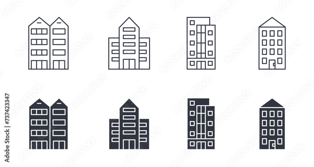 Vector line and silhouette building icons. Set signs editable stroke. Multistorey houses with a garage, doors and windows. Office space, apartments and townhouses. Stock illustration on a white back Vector line and silhouette building icons. Set signs editable stroke. Multistorey houses with a garage, doors and windows. Office space, apartments and townhouses. Stock illustration on a white back