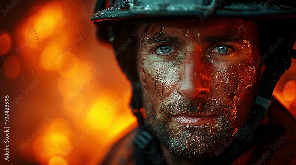Firefighter portrait. Portrait of a firefighter in a helmet during a fire