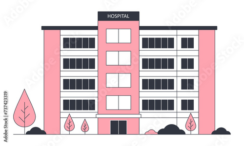 Medical hospital building with trees. Modern emergency clinic with the word Hospital. Medical care office for children and adults. Line vector stylized minimalistic illustration on white background