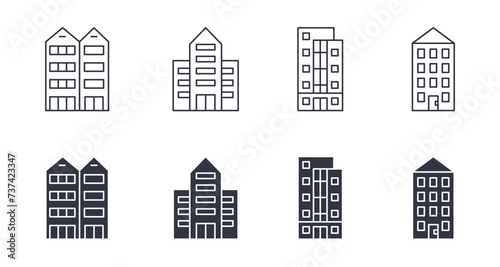 Vector line and silhouette building icons. Set signs editable stroke. Multistorey houses with a garage, doors and windows. Office space, apartments and townhouses. Stock illustration on a white back