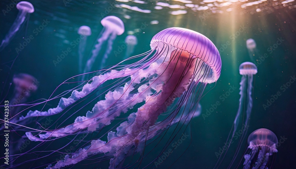 Naklejka premium Pink jellyfish floats in dark sea water. Mauve Stinger, Pelagia noctiluca. Underwater life.