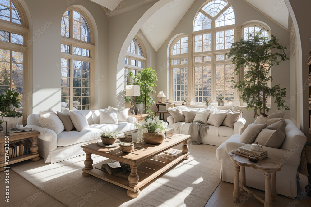 Step into a radiant living room, bathed in sunlight and adorned with beautiful decor. Revel in the perfect balance of sophistication and coziness within this inviting space.