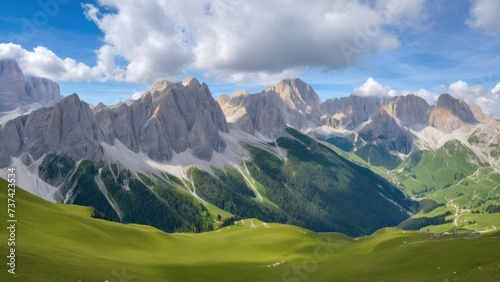 View of moody mountain peaks in the Dolomites. generative, ai.