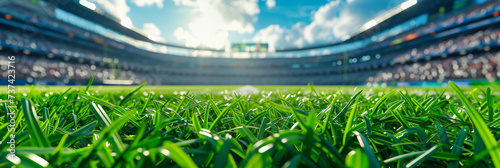 Empty Soccer Stadium with Green Grass Field, Bright Summer Day, Modern Sports Arena for Championship Games