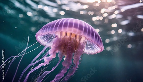 Pink jellyfish floats in dark sea water. Mauve Stinger, Pelagia noctiluca. Underwater life. © hardvicore