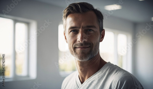 Confident Mid-Age Danish Male Doctor or Nurse in Clinic Outfit Standing in Modern White Hospital, Looking at Camera - Professional Medical Portrait, Copy Space, Design Template, Healthcare Concept