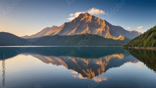Volcanic mountain in morning light reflected in calm waters of lake. generative, ai.