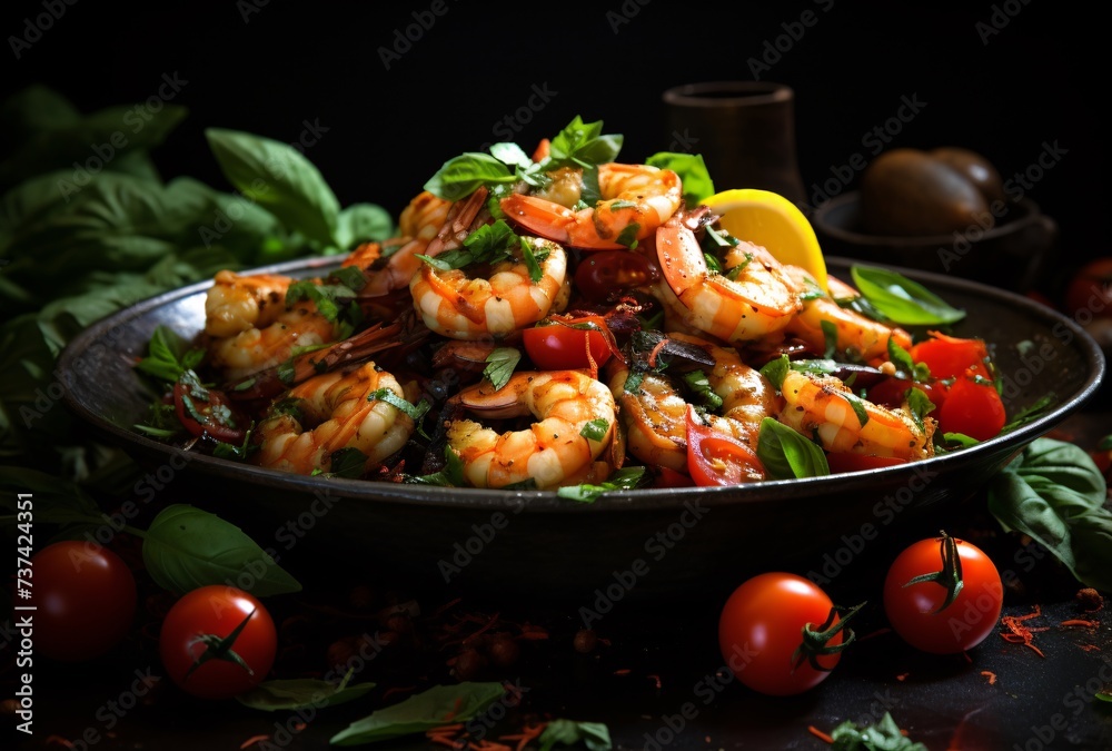 a bowl of shrimp and tomatoes