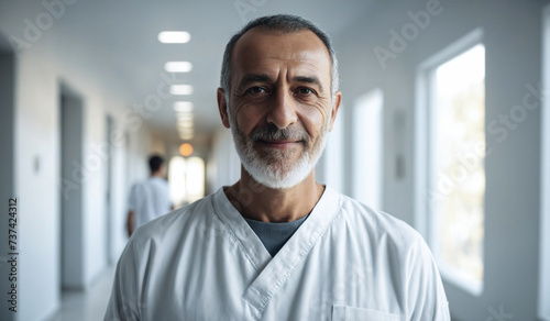 Confident Old Turkish Male Doctor or Nurse in Clinic Outfit Standing in Modern White Hospital, Looking at Camera - Professional Medical Portrait, Copy Space, Design Template, Healthcare Concept