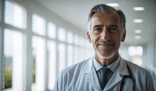 Confident Old Argentinian Male Doctor or Nurse in Clinic Outfit Standing in Modern White Hospital, Looking at Camera - Professional Medical Portrait, Copy Space, Design Template, Healthcare Concept