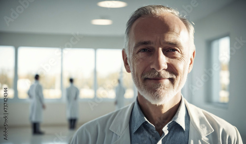 Confident Old Polish Male Doctor or Nurse in Clinic Outfit Standing in Modern White Hospital, Looking at Camera - Professional Medical Portrait, Copy Space, Design Template, Healthcare Concept