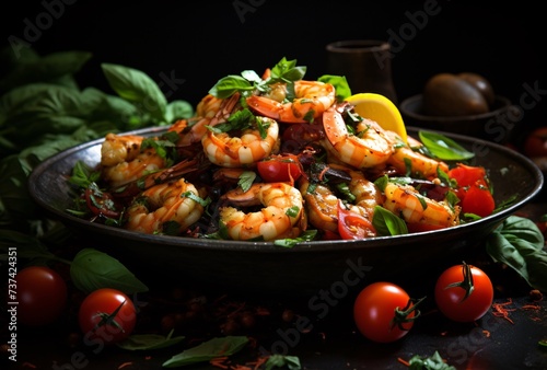 a bowl of shrimp and tomatoes