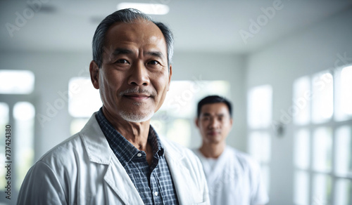Confident Old Filipino Male Doctor or Nurse in Clinic Outfit Standing in Modern White Hospital, Looking at Camera - Professional Medical Portrait, Copy Space, Design Template, Healthcare Concept