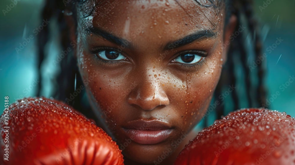 Close Up of African American Woman Wearing Boxing Gloves. Generative AI. - obrazy, fototapety, plakaty 