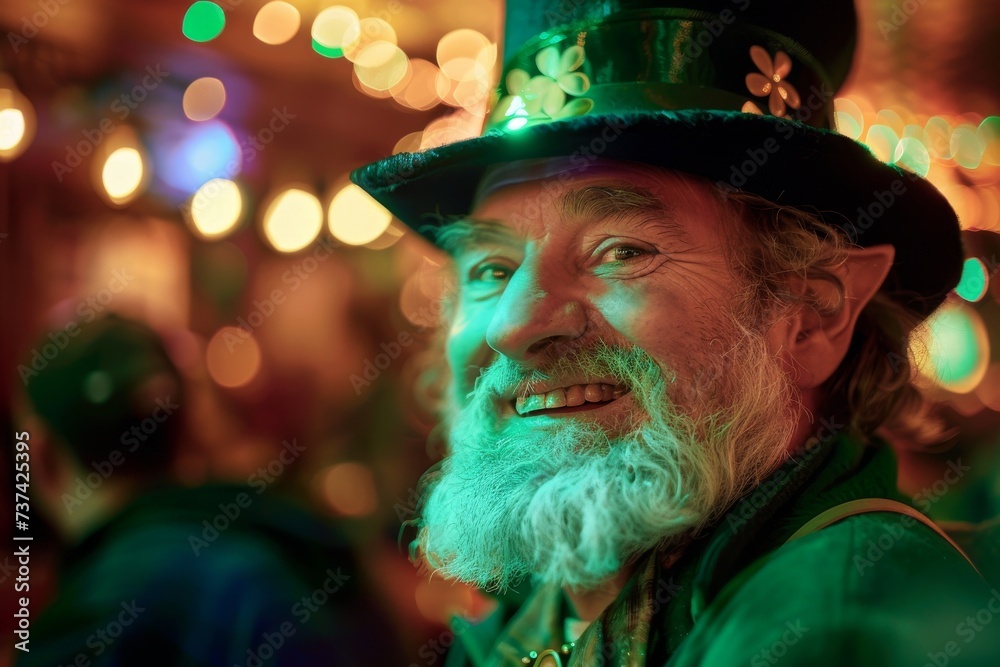Elderly man in green hat smiling in a pub. Leprechaun costume. Saint Patrick's Day holiday. Design for banner, poster. Ireland and Irish culture. 