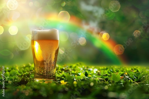 Glass of beer on a green meadow with rainbow. Saint Patrick's Day holiday. Design for invitation, greeting card, banner, poster with copy space. Symbol of luck. Magic, fairytale, fantasy style