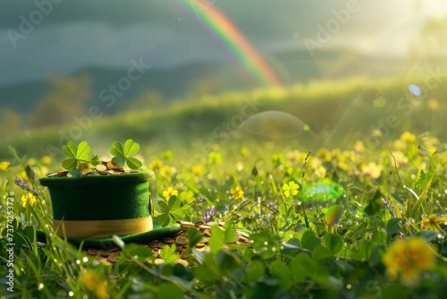Leprechaun hat with coins on a green meadow with rainbow. Saint Patrick's Day holiday. Design for invitation, greeting card, banner, poster with copy space. Fantasy, magic, fairytale style