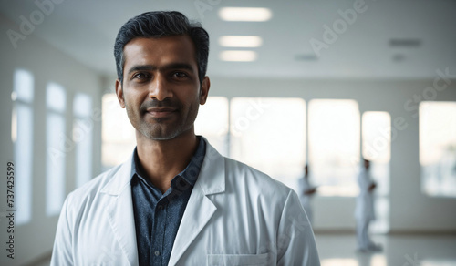 Confident Mid-Age Indian Male Doctor or Nurse in Clinic Outfit Standing in Modern White Hospital, Looking at Camera, Professional Medical Portrait, Copy Space, Design Template, Healthcare Concept photo