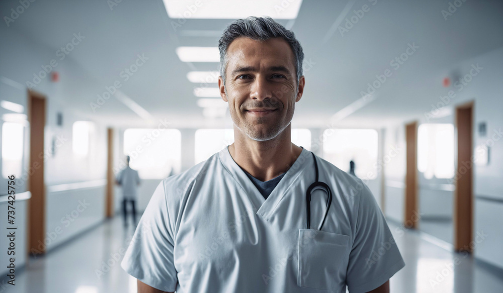 Confident Mid-Age Canadian Male Doctor or Nurse in Clinic Outfit Standing in Modern White Hospital, Looking at Camera, Professional Medical Portrait, Copy Space, Design Template, Healthcare Concept Confident Mid-Age Canadian Male Doctor or Nurse in Clinic Outfit Standing in Modern White Hospital, Looking at Camera, Professional Medical Portrait, Copy Space, Design Template, Healthcare Concept
