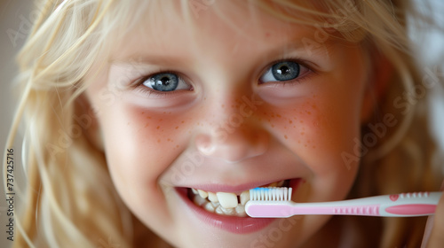 Happy Young Girl with Freckles Brushing Her Teeth. Oral Hygiene Concept