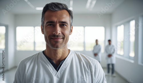 Confident Mid-Age French Male Doctor or Nurse in Clinic Outfit Standing in Modern White Hospital, Looking at Camera, Professional Medical Portrait, Copy Space, Design Template, Healthcare Concept
