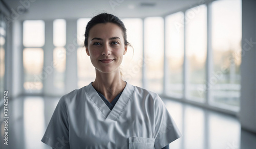 Confident Mid-Age Swedish Female Doctor or Nurse in Clinic Outfit Standing in Modern White Hospital, Looking at Camera, Professional Medical Portrait, Copy Space, Design Template, Healthcare Concept