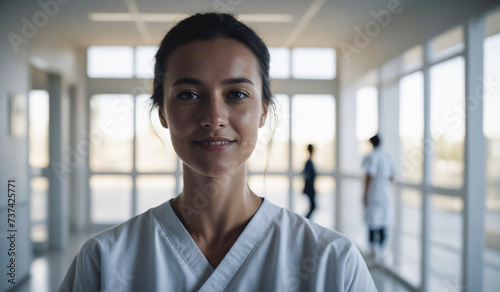 Confident Mid-Age Australian Female Doctor or Nurse in Clinic Outfit Standing in Modern White Hospital, Looking at Camera, Professional Medical Portrait, Copy Space, Design Template, Healthcare